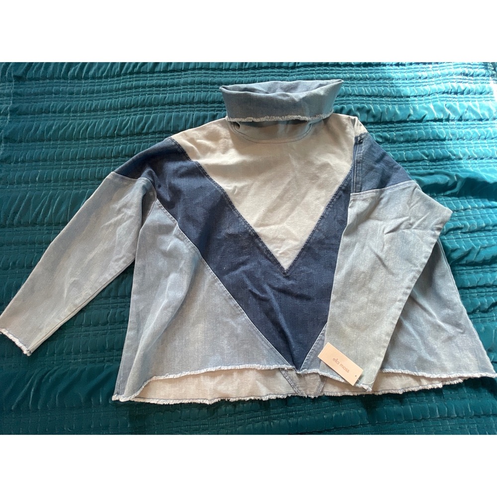 Ella Moss Mila Oversized‎ Pullover XL Denim Patchwork Frayed Collar